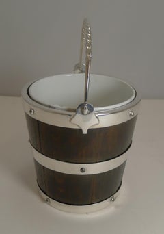 Rare Oak & Silver Plated Ice Bucket - Ceramic Creamware Liner c.1900