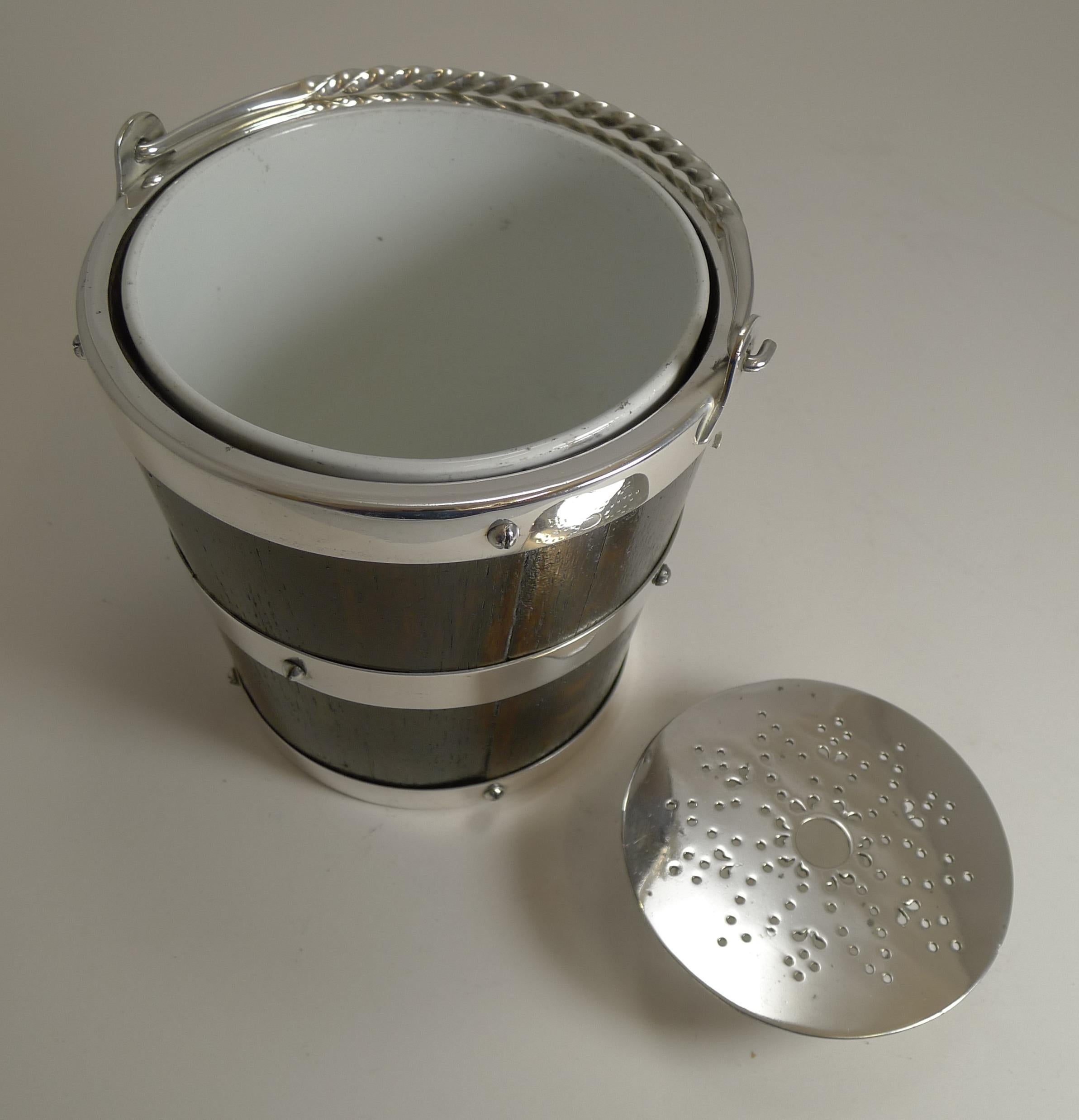 British Rare Oak & Silver Plated Ice Bucket - Ceramic Creamware Liner c.1900 For Sale