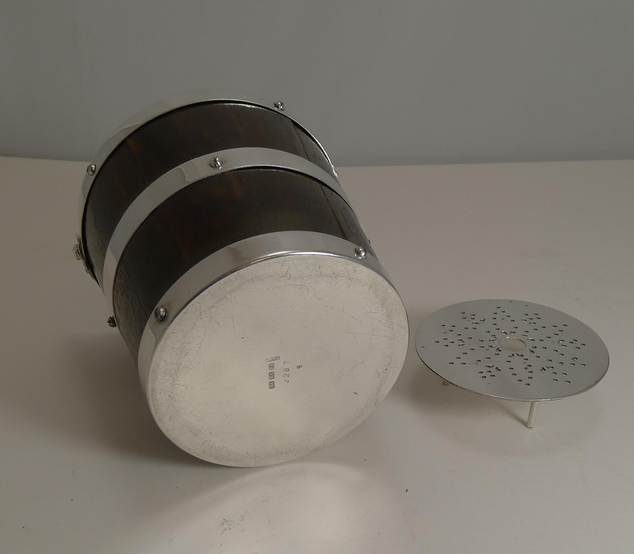 Rare Oak & Silver Plated Ice Bucket - Ceramic Creamware Liner c.1900 In Good Condition For Sale In Bath, GB
