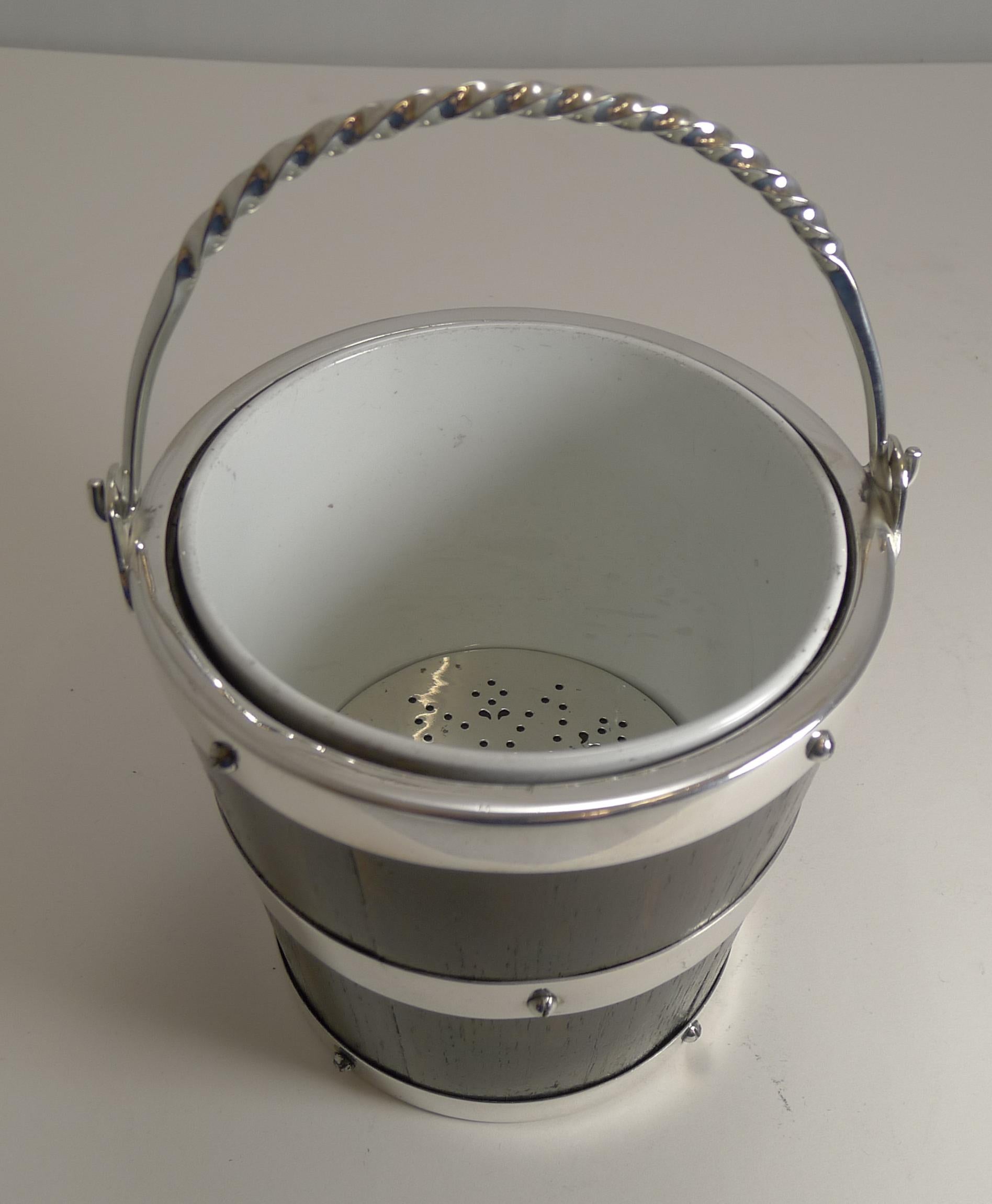 Rare Oak & Silver Plated Ice Bucket - Ceramic Creamware Liner c.1900 For Sale 2