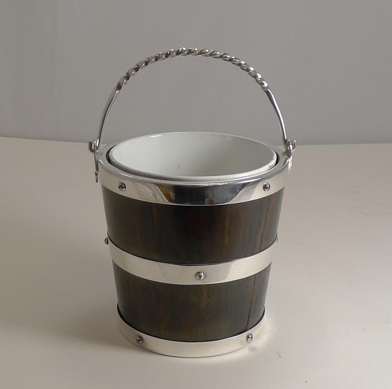Rare Oak & Silver Plated Ice Bucket - Ceramic Creamware Liner c.1900 For Sale 3