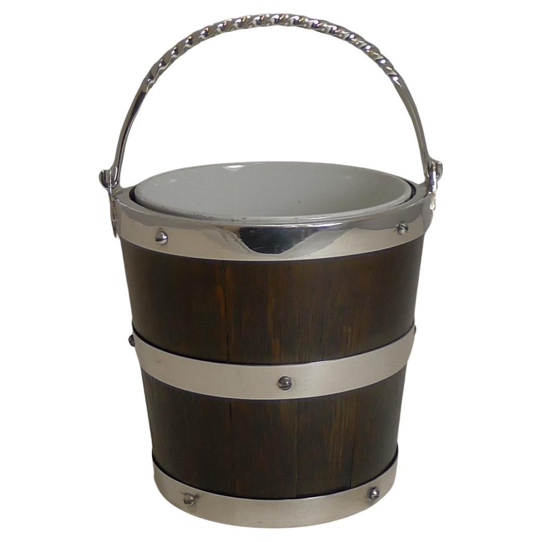 Rare Oak & Silver Plated Ice Bucket - Ceramic Creamware Liner c.1900 For Sale