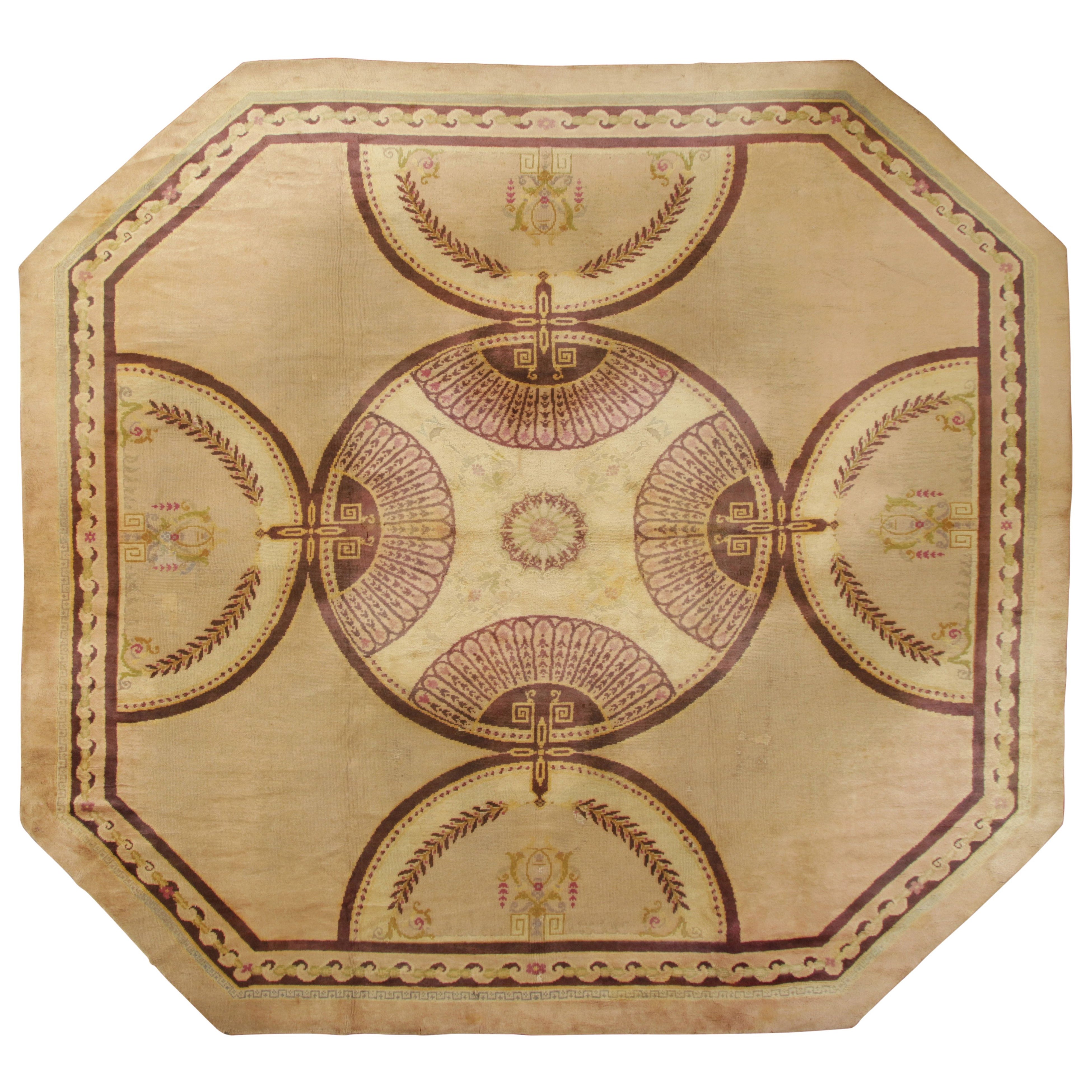 Rare Octagonal Antique French Art Deco Rug with Regal Medallions - Rug 
Kilim For Sale