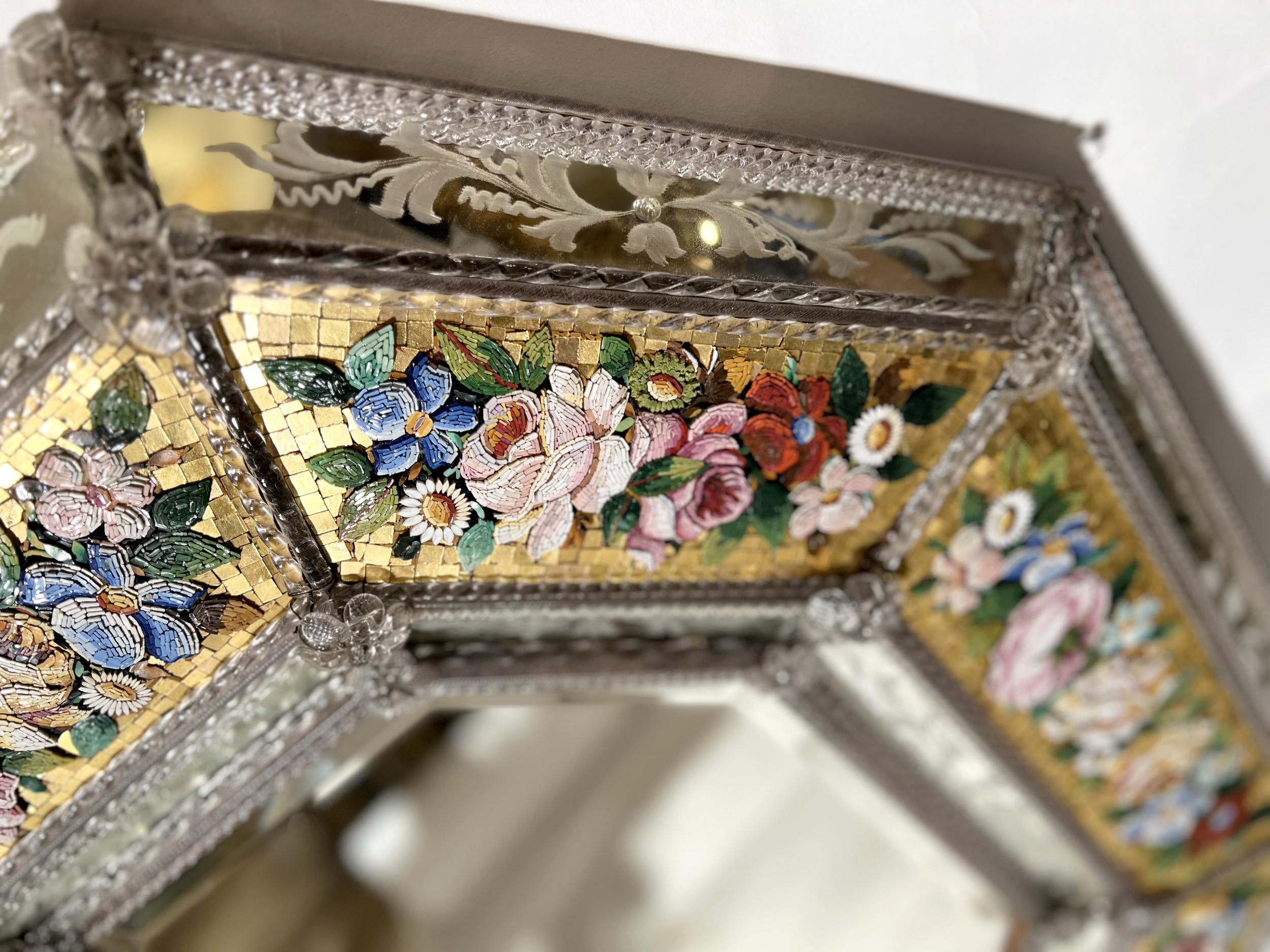 Italian Rare octagonal Venetian mirror in etched glass and micro-mosaic, Circa 1865 For Sale