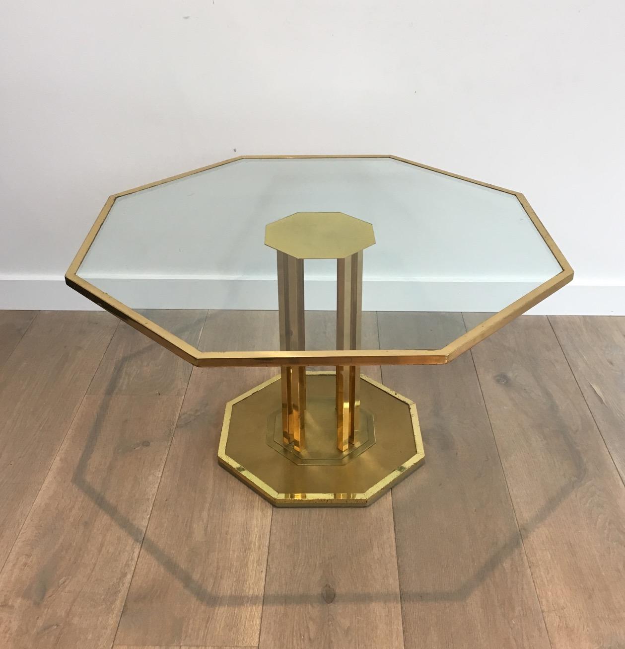Rare Octagonal Brass and Glass Design Coffee Table, French, circa 1970 For Sale 9