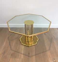 Rare Octagonal Brass and Glass Design Coffee Table, French, circa 1970