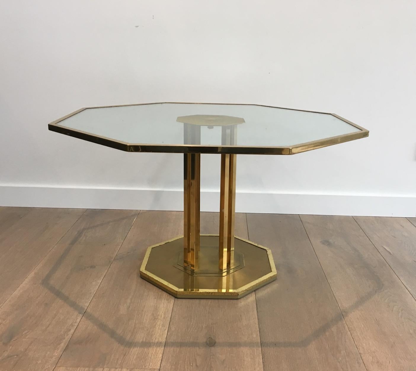 Late 20th Century Rare Octagonal Brass and Glass Design Coffee Table, French, circa 1970 For Sale