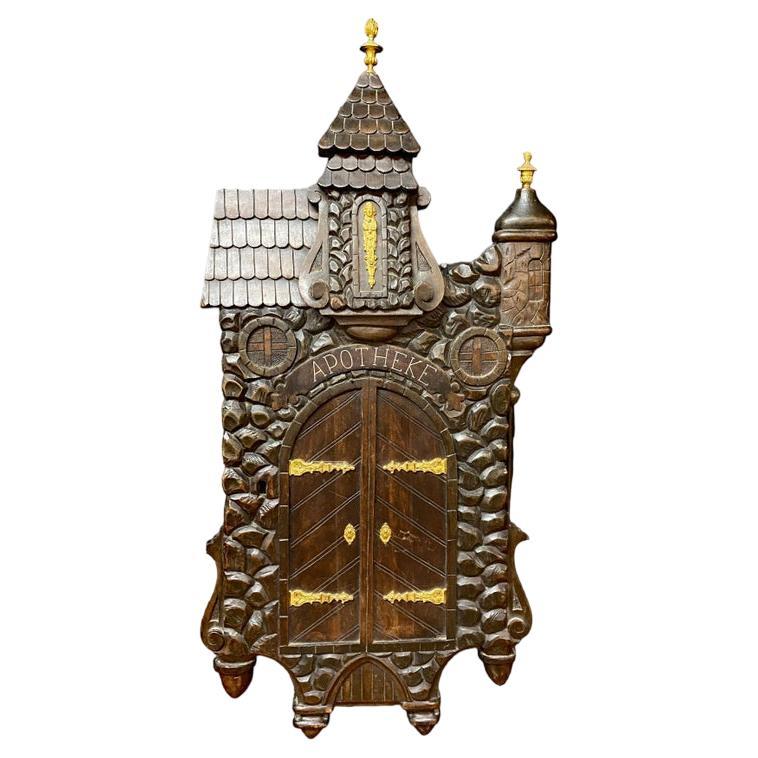 Rare old 19th century pharmacy, black forest, in carved wood, brass and bronze For Sale