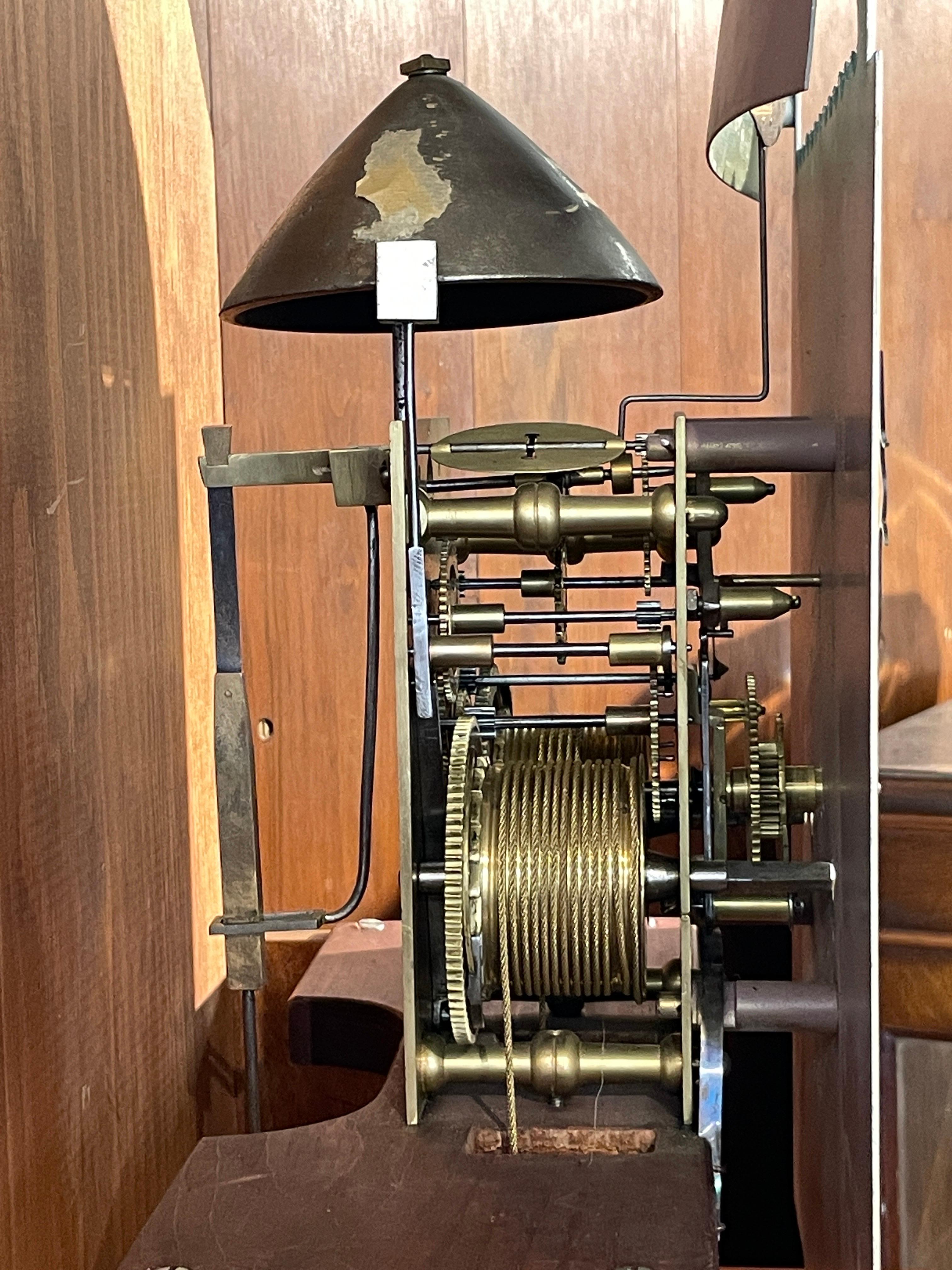 Brass Rare Old American Stennes Fed, Sty, Inlaid Mahog, Automaton 8day Longcase Clock