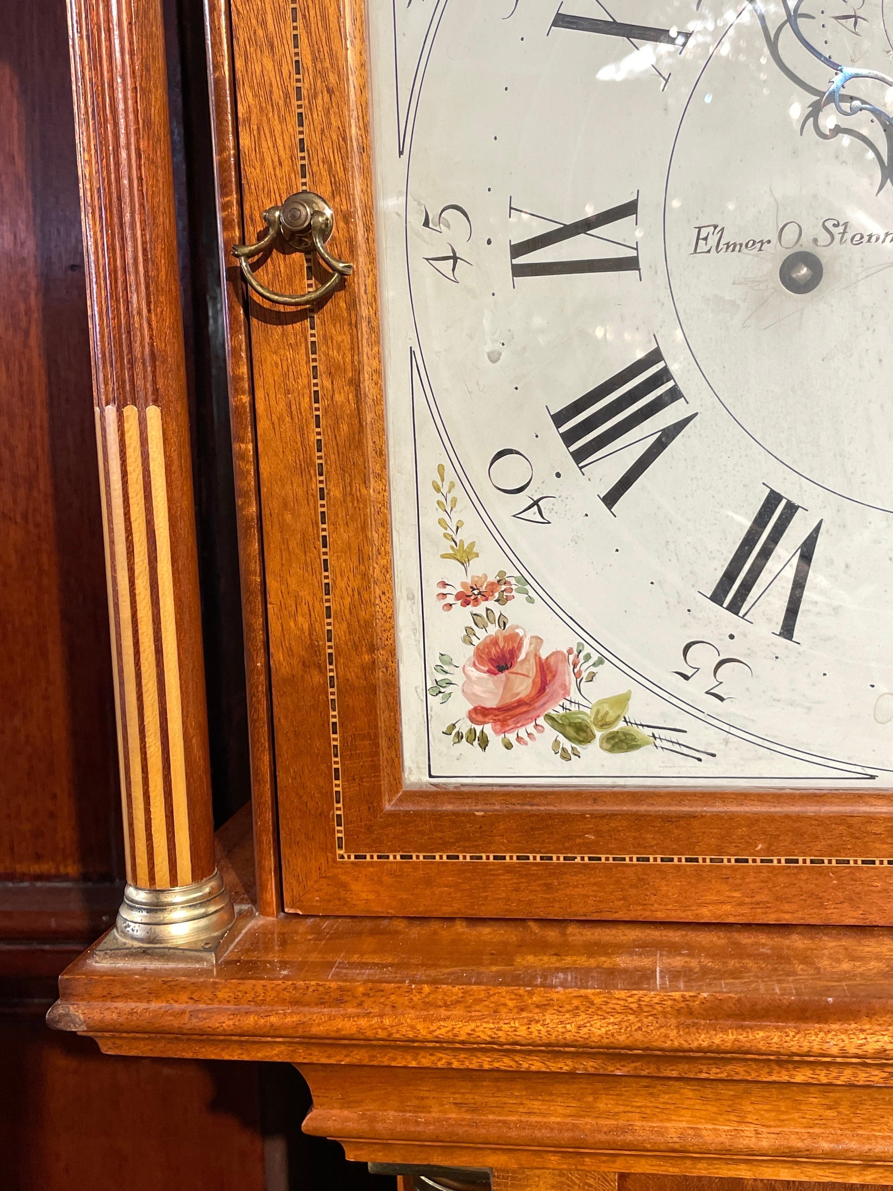 Rare Old American Stennes Fed, Sty, Inlaid Mahog, Automaton 8day Longcase Clock 1