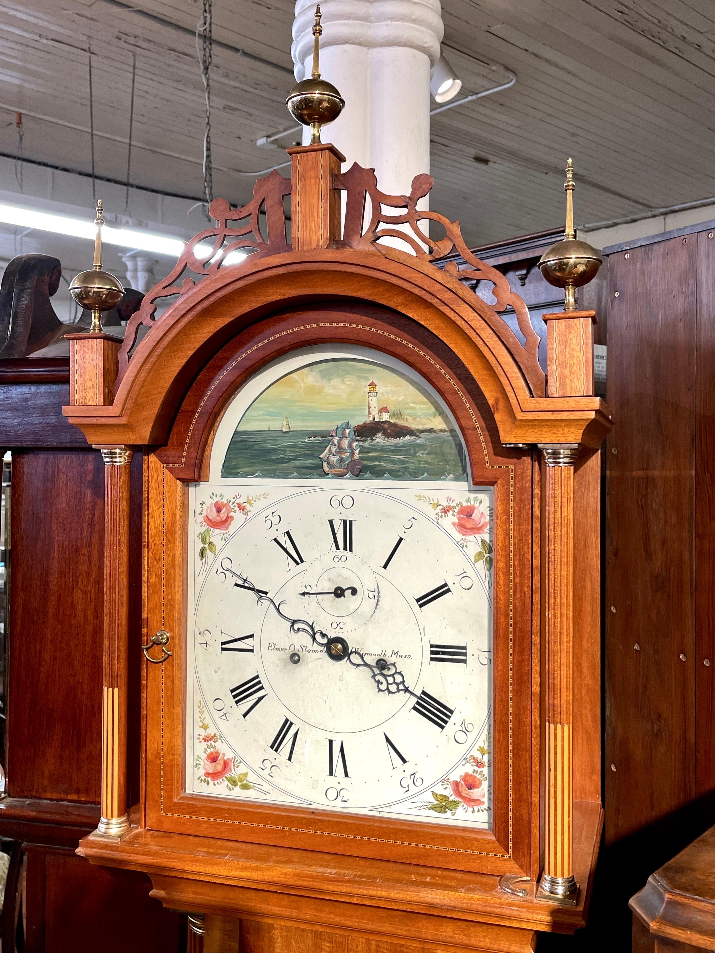 Rare Old American Stennes Fed, Sty, Inlaid Mahog, Automaton 8day Longcase Clock 7