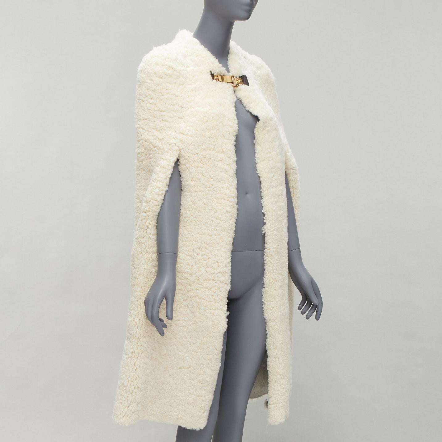 Gold rare OLD CELINE Phoebe Philo 2010 Runway gold buckle cream shearling cape FR36 For Sale