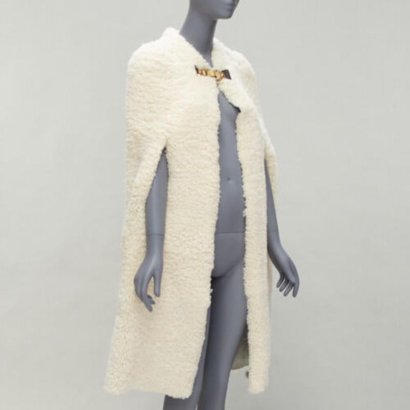Gray rare OLD CELINE Phoebe Philo 2010 Runway gold buckle cream shearling cape FR36 For Sale