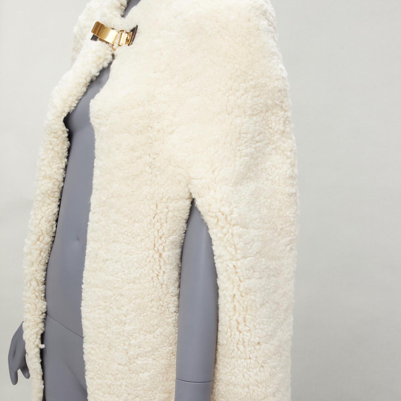 rare OLD CELINE Phoebe Philo 2010 Runway gold buckle cream shearling cape FR36 For Sale 3