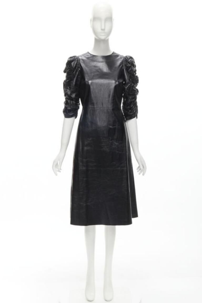 rare OLD CELINE Phoebe Philo black shiney lambskin rusched sleeve dress FR36 S 6