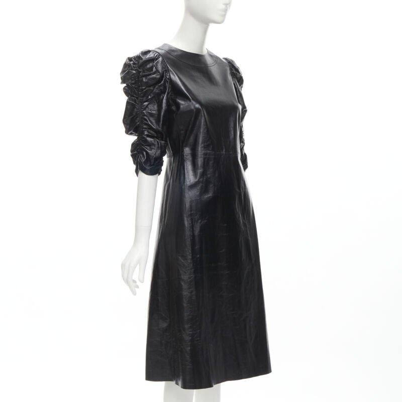 Black rare OLD CELINE Phoebe Philo black shiney lambskin rusched sleeve dress FR36 S For Sale
