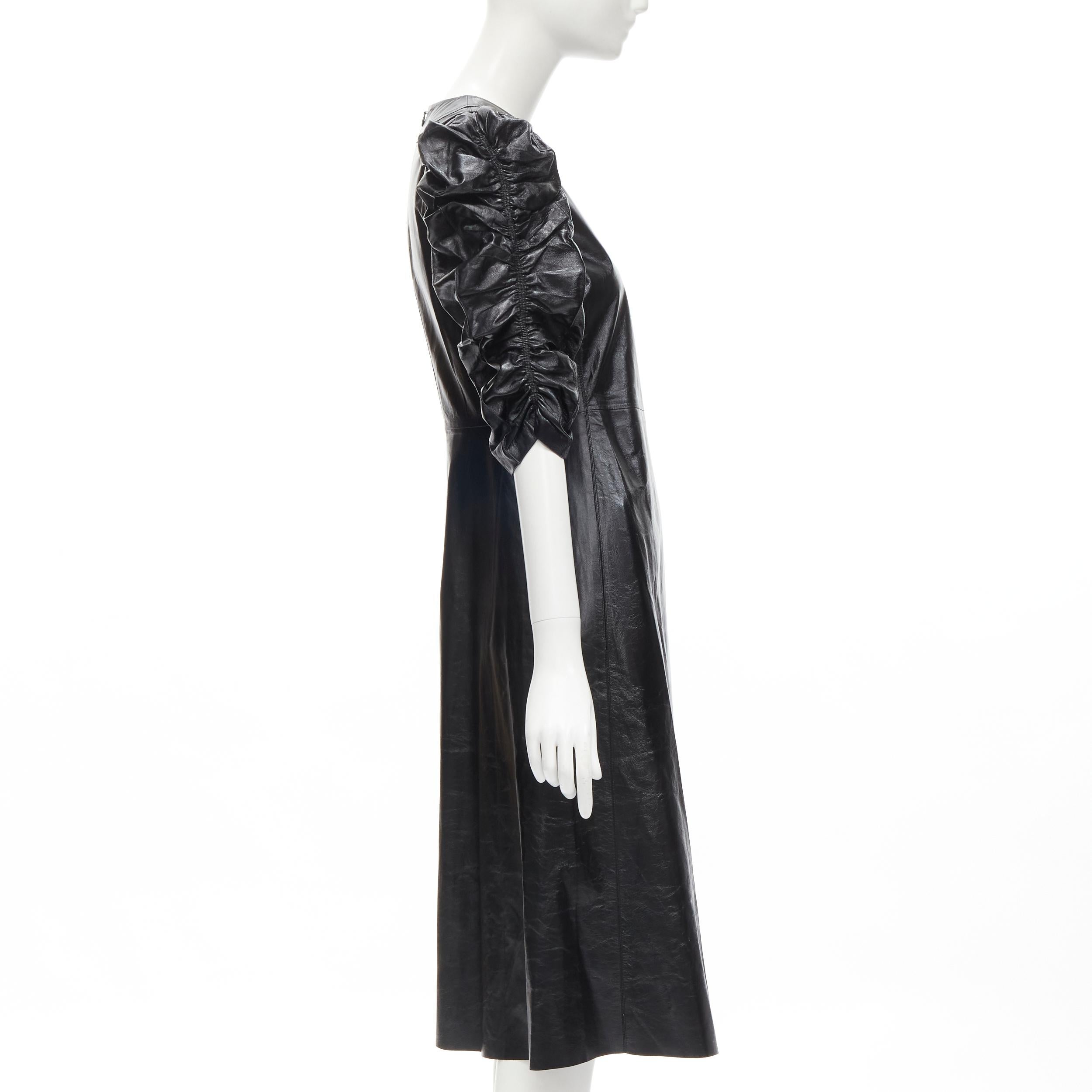 Black rare OLD CELINE Phoebe Philo black shiney lambskin rusched sleeve dress FR36 S For Sale
