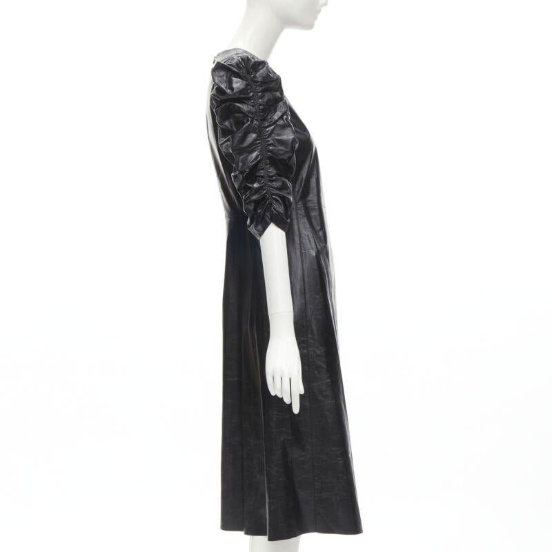 rare OLD CELINE Phoebe Philo black shiney lambskin rusched sleeve dress FR36 S In Excellent Condition For Sale In Hong Kong, NT
