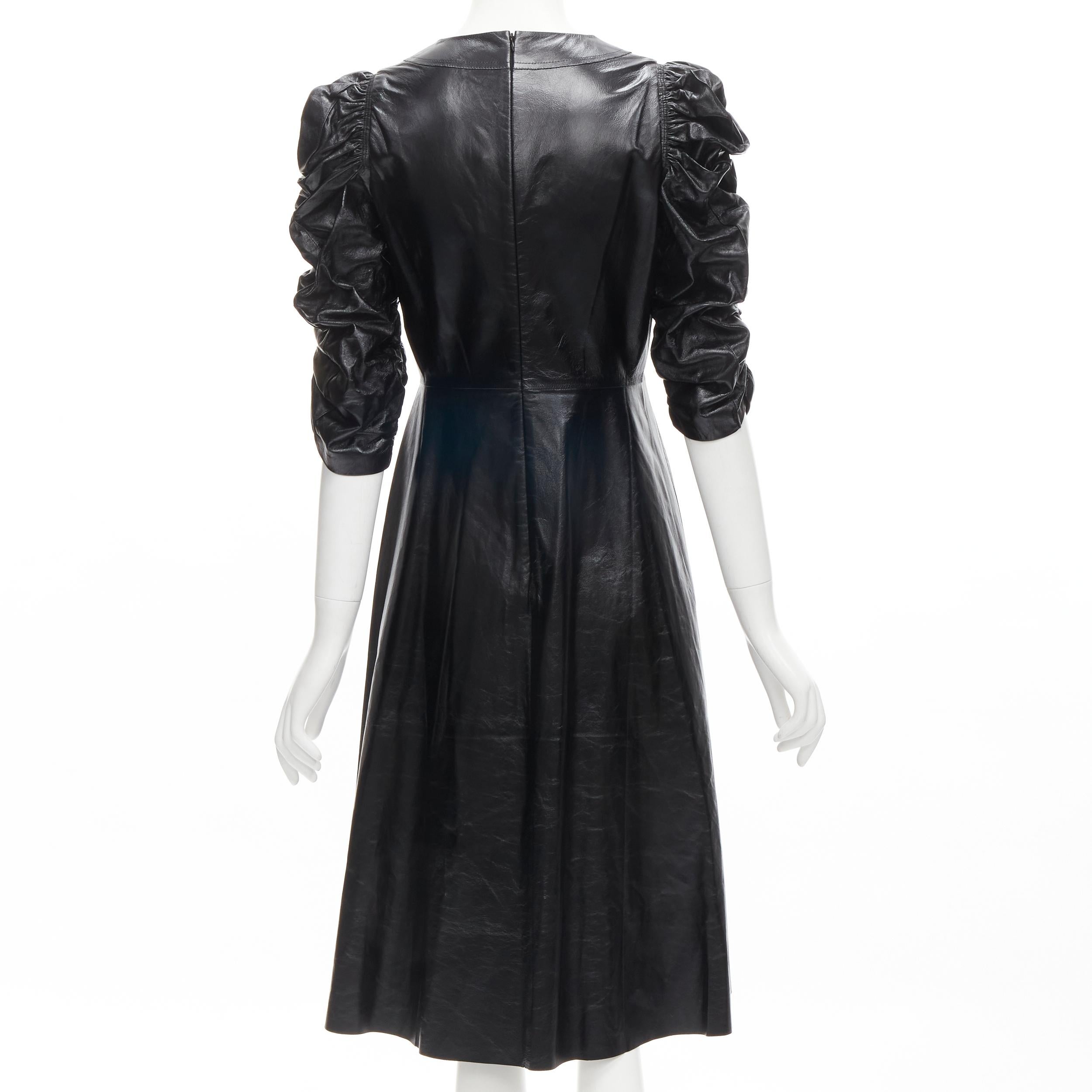rare OLD CELINE Phoebe Philo black shiney lambskin rusched sleeve dress FR36 S In Excellent Condition For Sale In Hong Kong, NT