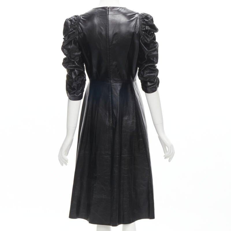 rare OLD CELINE Phoebe Philo black shiney lambskin rusched sleeve dress FR36 S 1