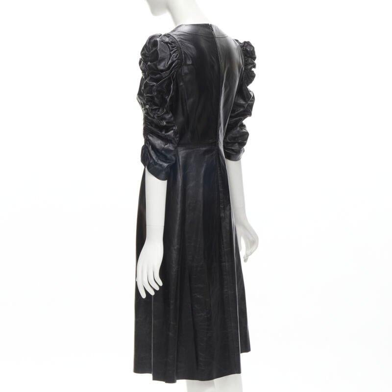 rare OLD CELINE Phoebe Philo black shiney lambskin rusched sleeve dress FR36 S 2