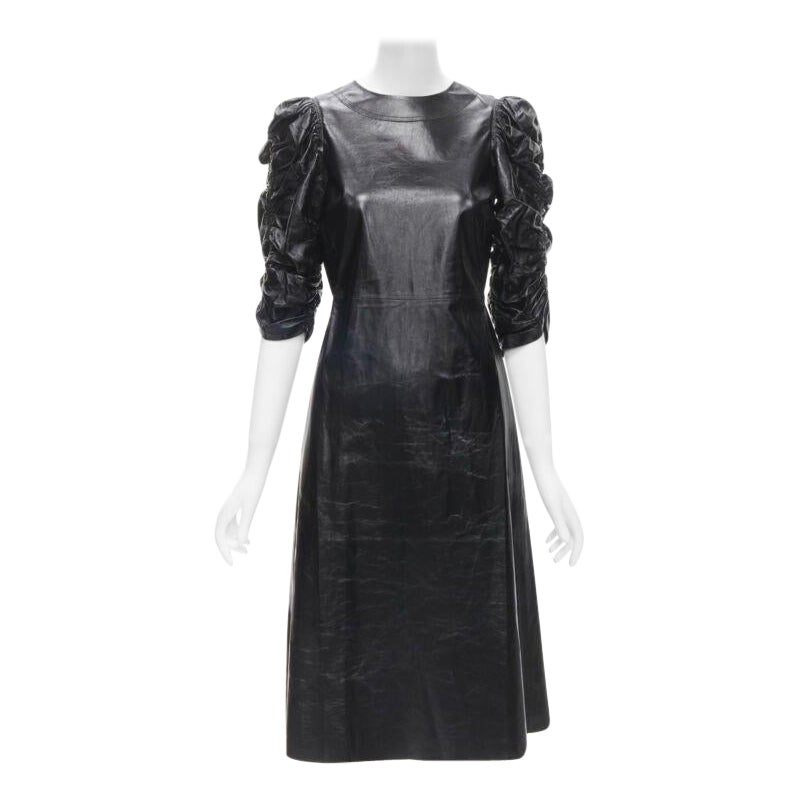rare OLD CELINE Phoebe Philo black shiney lambskin rusched sleeve dress FR36 S