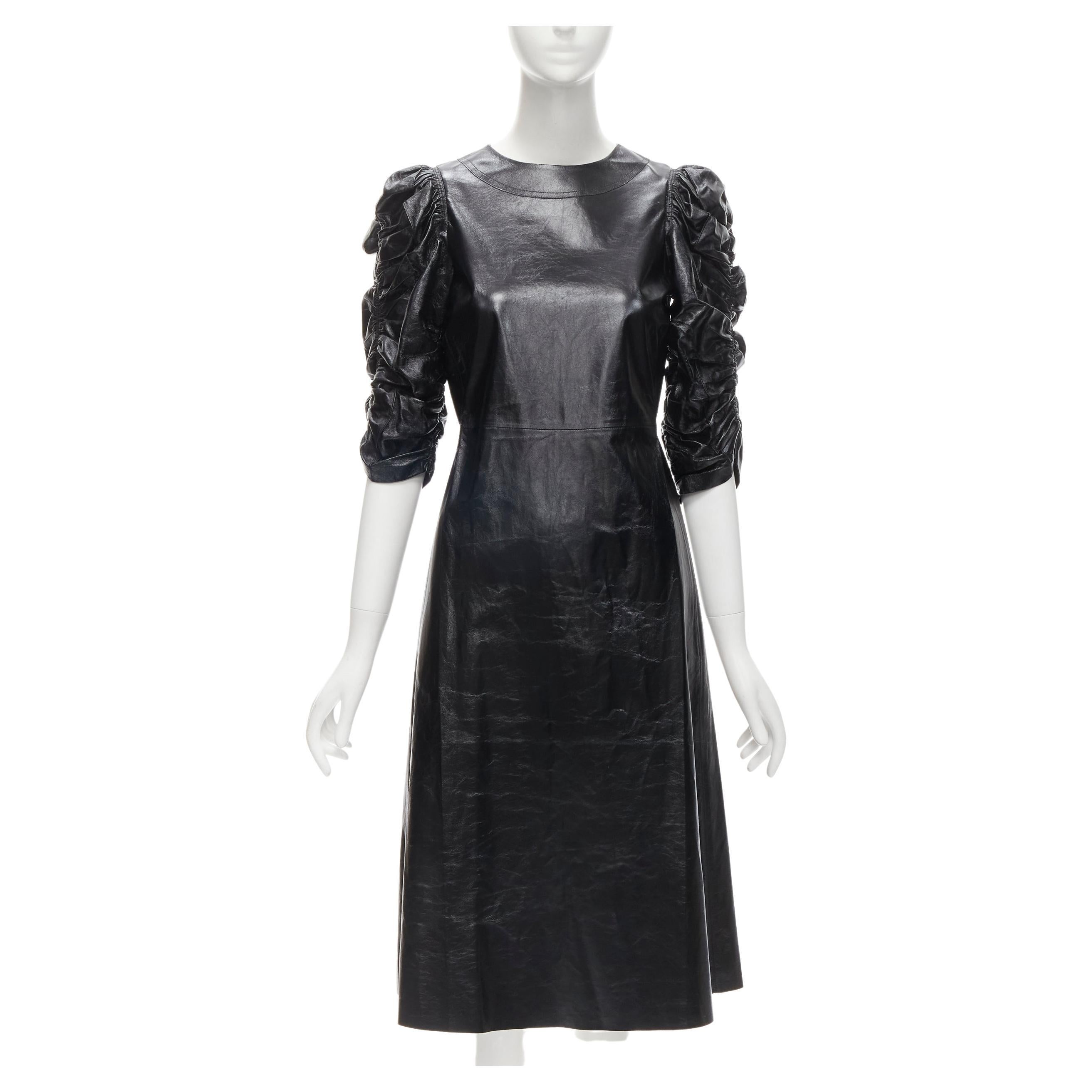 rare OLD CELINE Phoebe Philo black shiney lambskin rusched sleeve dress FR36 S For Sale