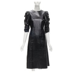 Seltenes OLD CELINE Phoebe Philo Schwarzes Kleid aus glänzendem Lammfell mit gerafften Ärmeln FR36 S