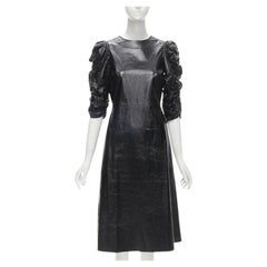rare OLD CELINE Phoebe Philo black shiney lambskin rusched sleeve dress FR36 S
