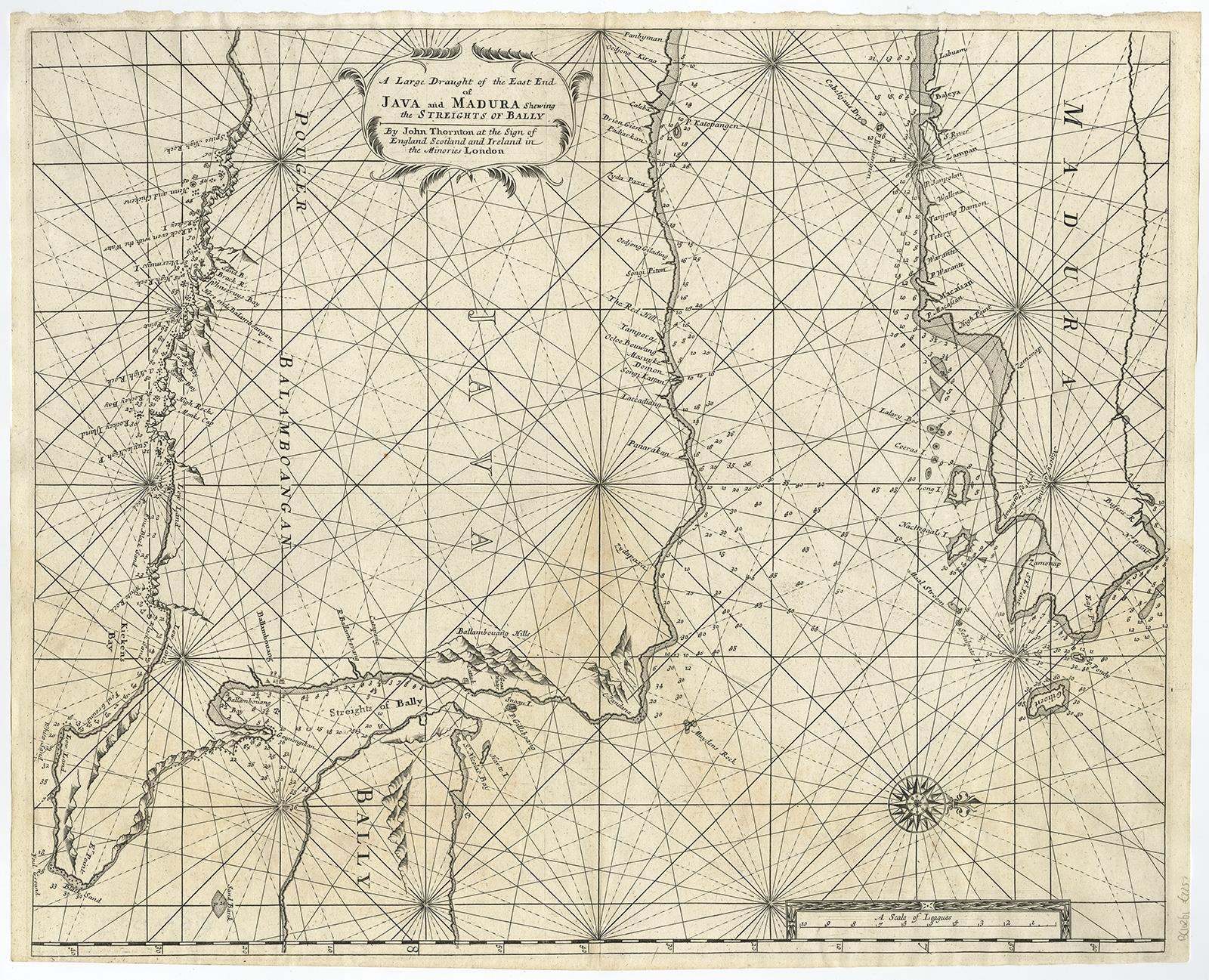 Antique map titled 'A Large Draught of the East End of Java and Madura shewing the Streights of Bally.' 

Rare early example of this working English Sea Chart of part of Indonesia with Java, Madura, and the Straights of Bali, Indonesia. Source