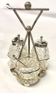 Rare Old English Silverplate & Cut Crystal Golf Motif Novelty Breakfast Cruet