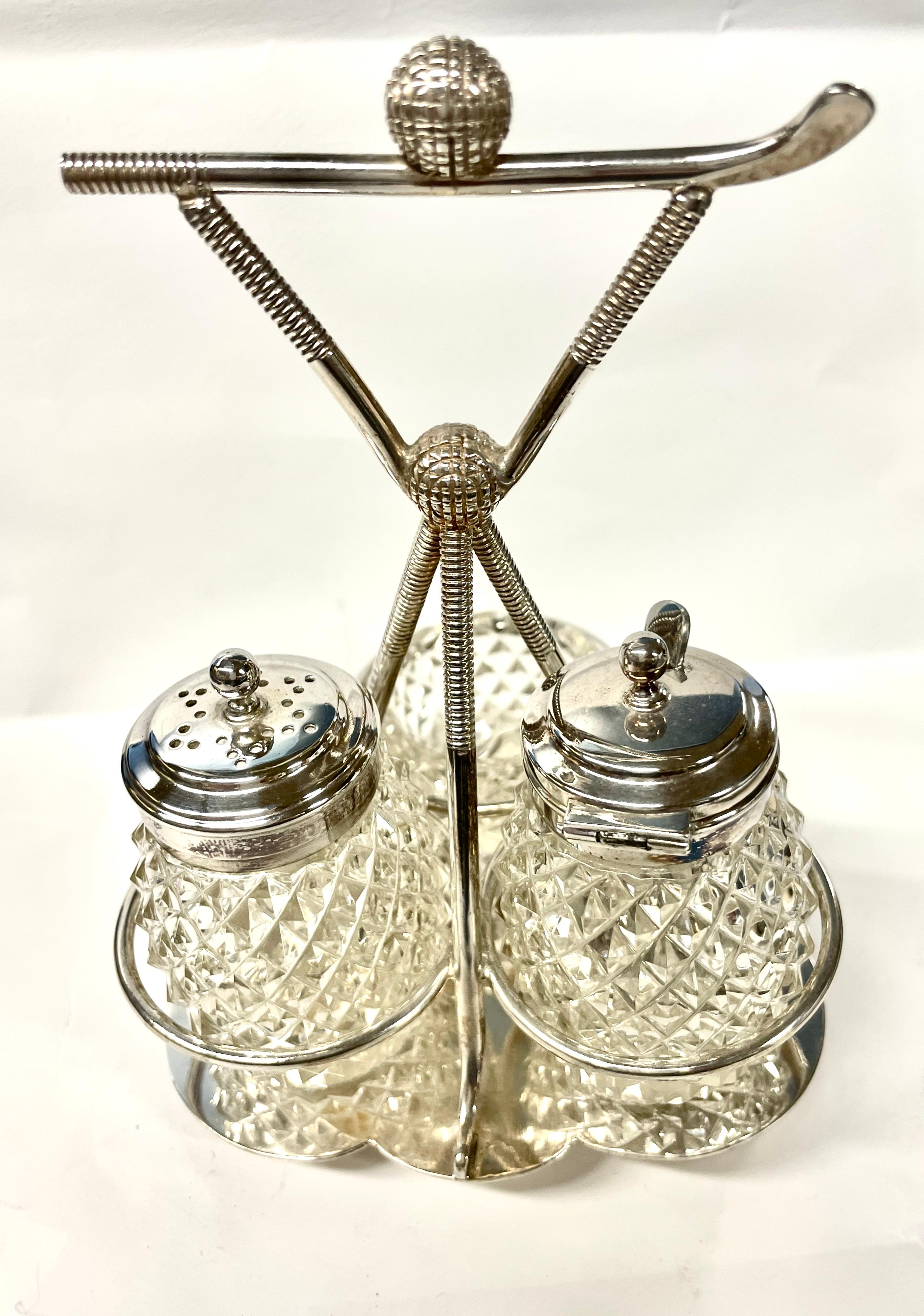 Rare Old English Silverplate & Cut Crystal Golf Motif Novelty Breakfast Cruet In Good Condition For Sale In Charleston, SC