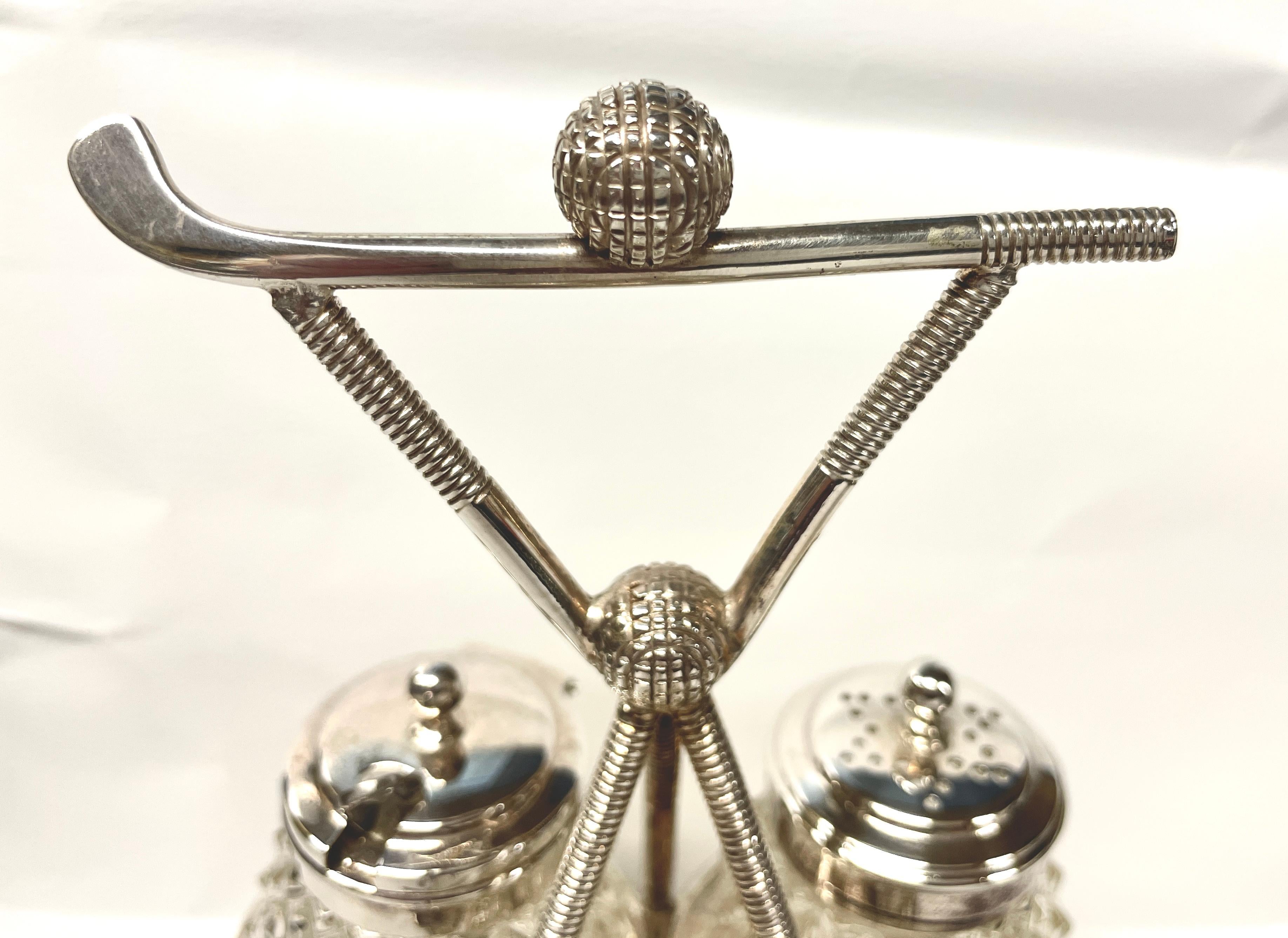 19th Century Rare Old English Silverplate & Cut Crystal Golf Motif Novelty Breakfast Cruet For Sale