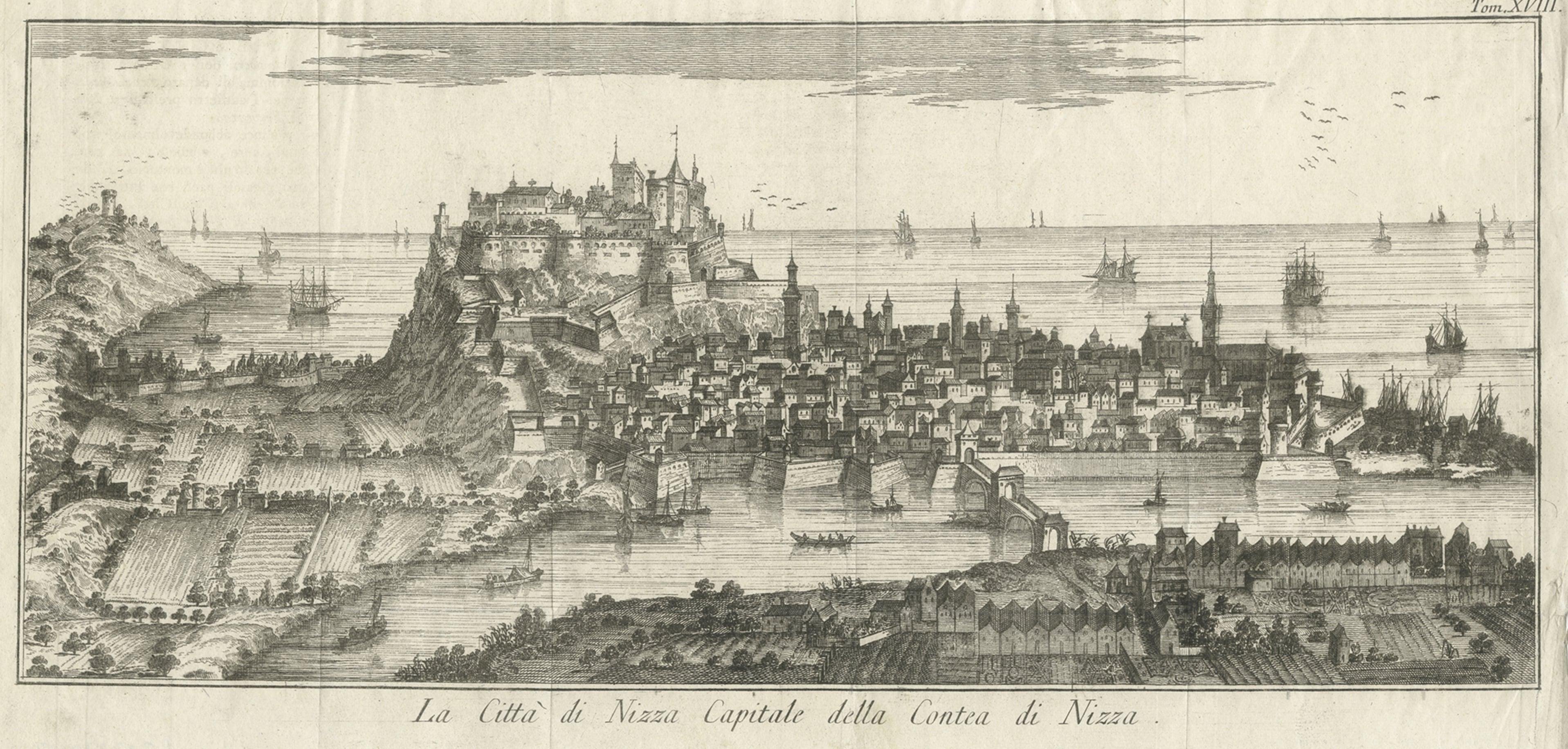 18th Century and Earlier Rare Old Engraving of the French City of Nice in France, 1751