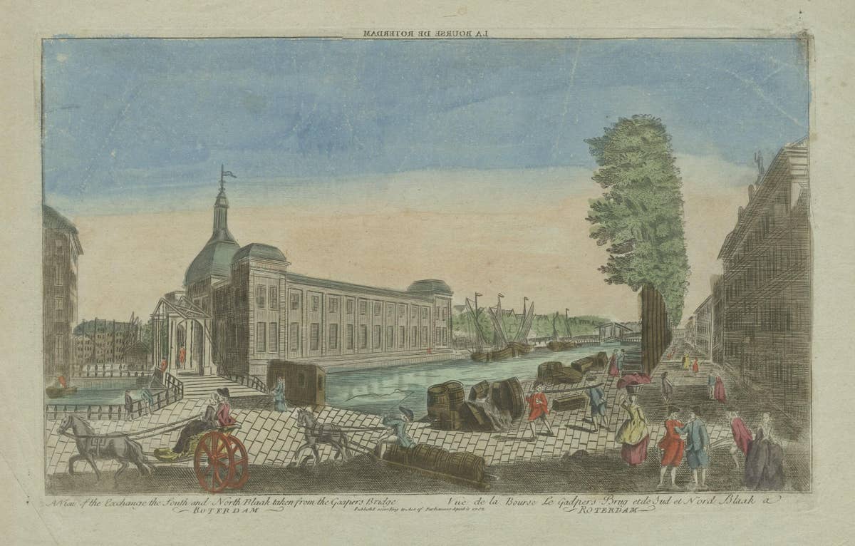 Rare Old Hand-Colored Optica Print of the Blaak in Rotterdam, the Netherlands