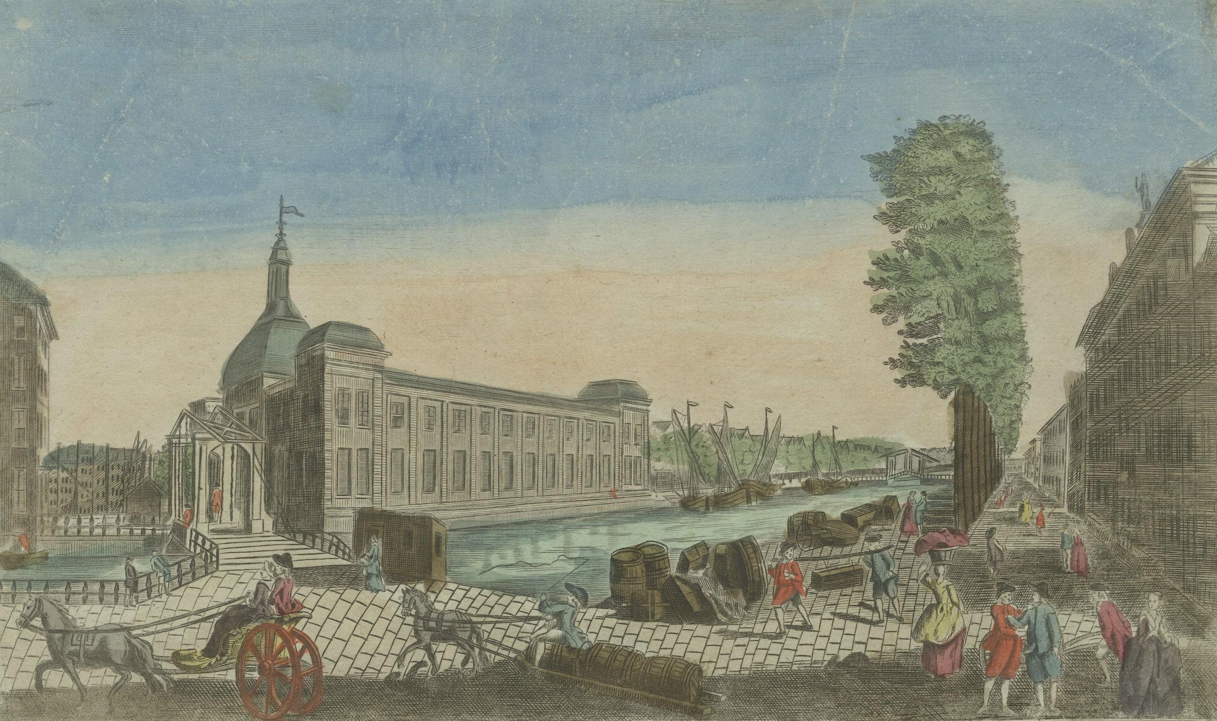 Rare Old Hand-Colored Optica Print of the Blaak in Rotterdam, the Netherlands In Good Condition For Sale In Langweer, NL