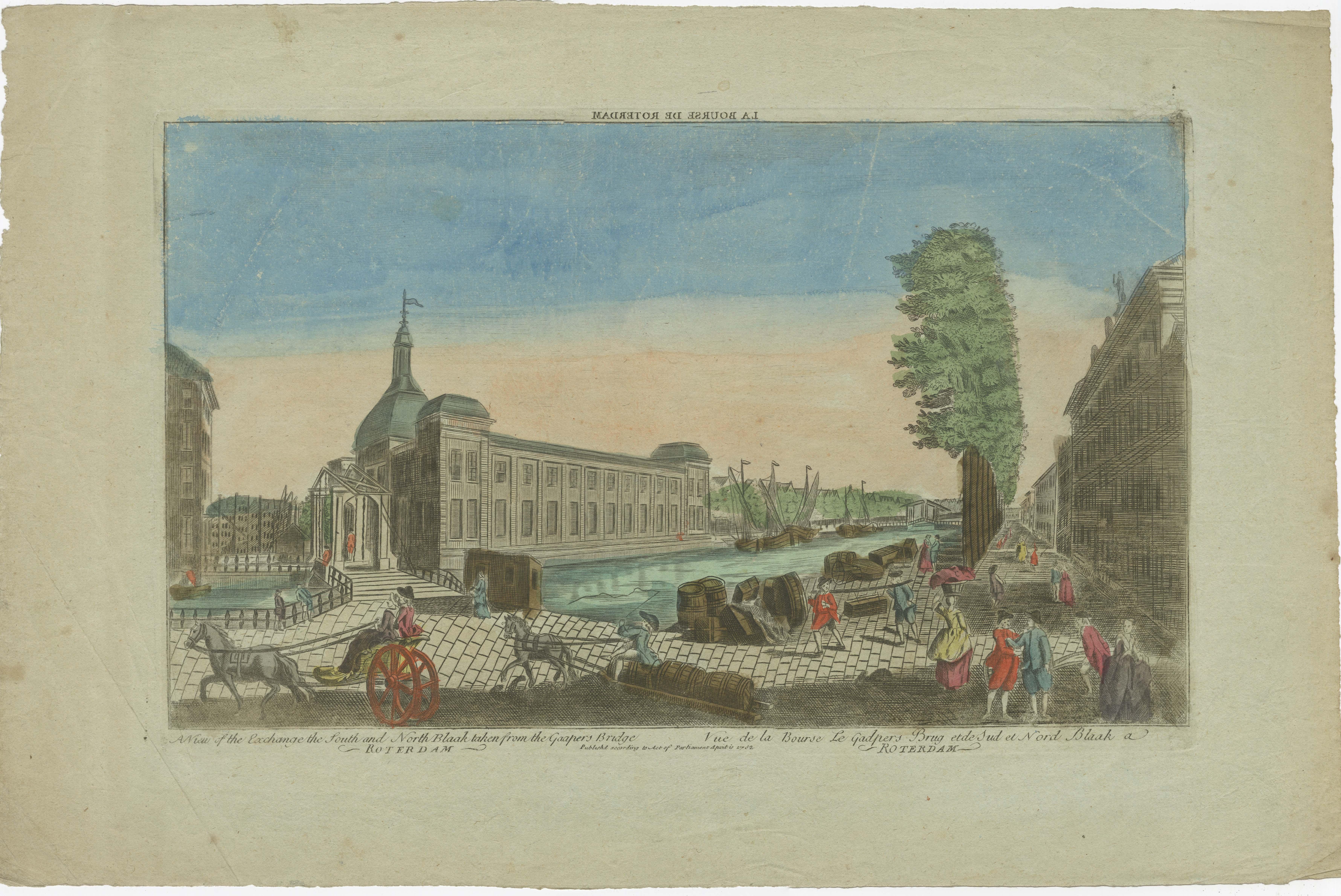 18th Century Rare Old Hand-Colored Optica Print of the Blaak in Rotterdam, the Netherlands For Sale
