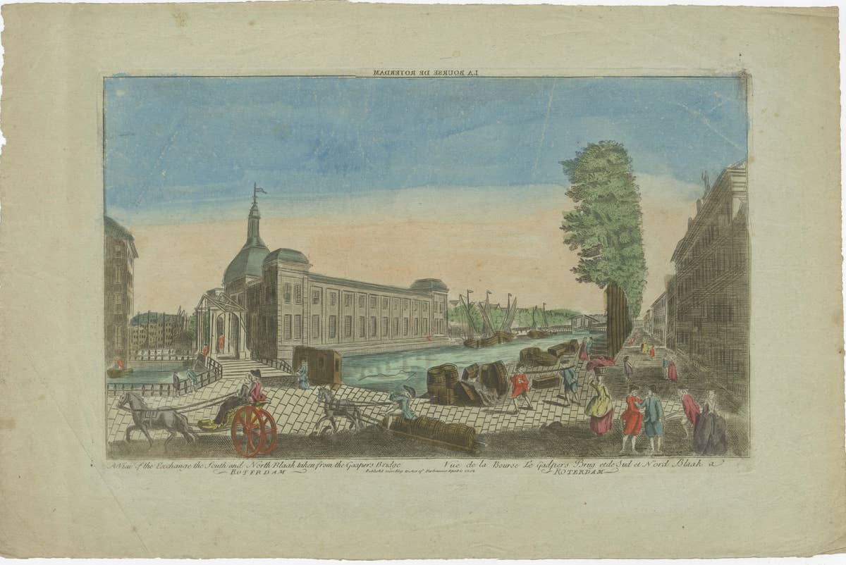 Rare Old Hand-Colored Optica Print of the Blaak in Rotterdam, the Netherlands