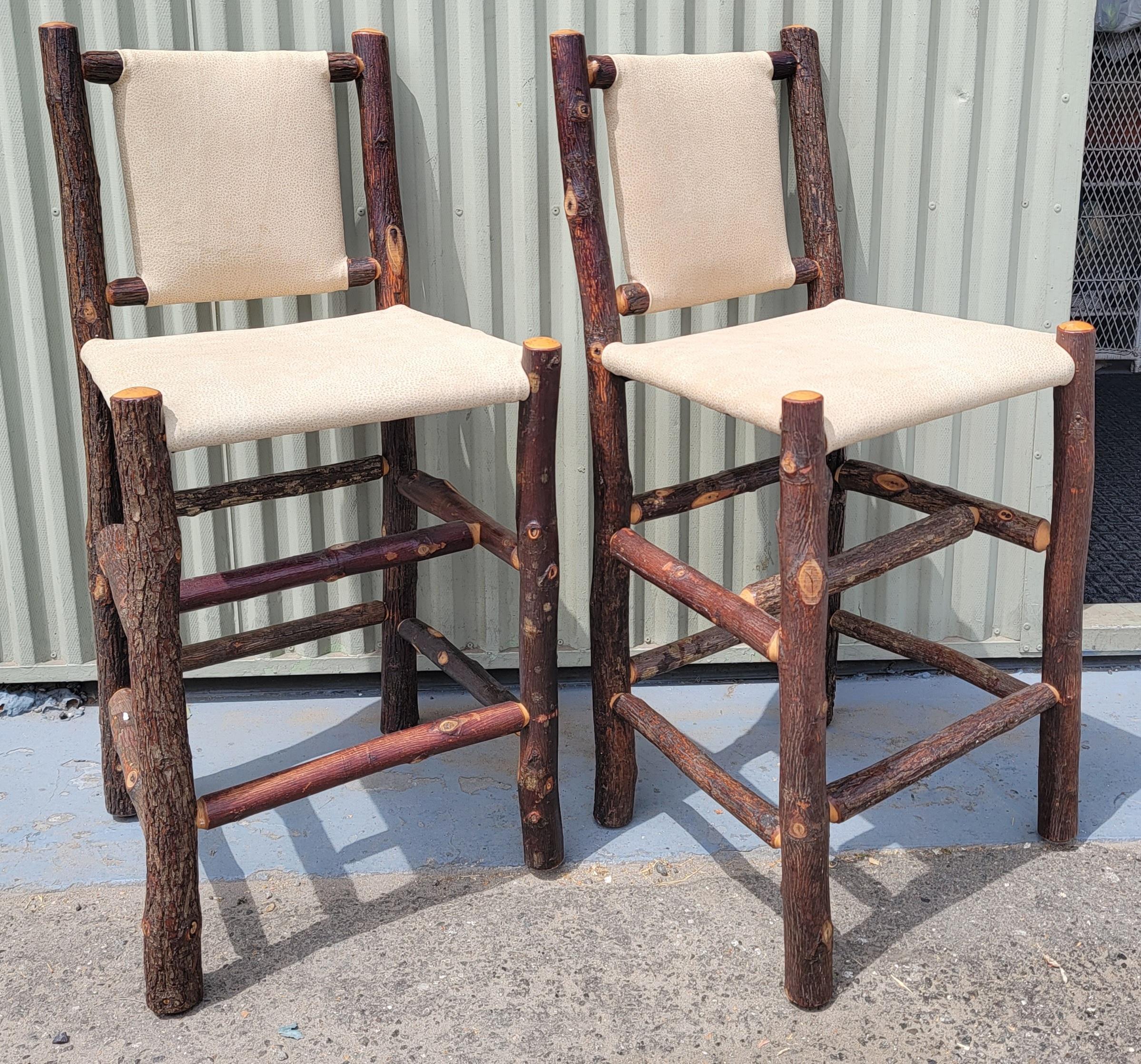 Mid-20th Century Rare Old Hickory Bar Stools W/ Leather Seats & Backs-Pair For Sale