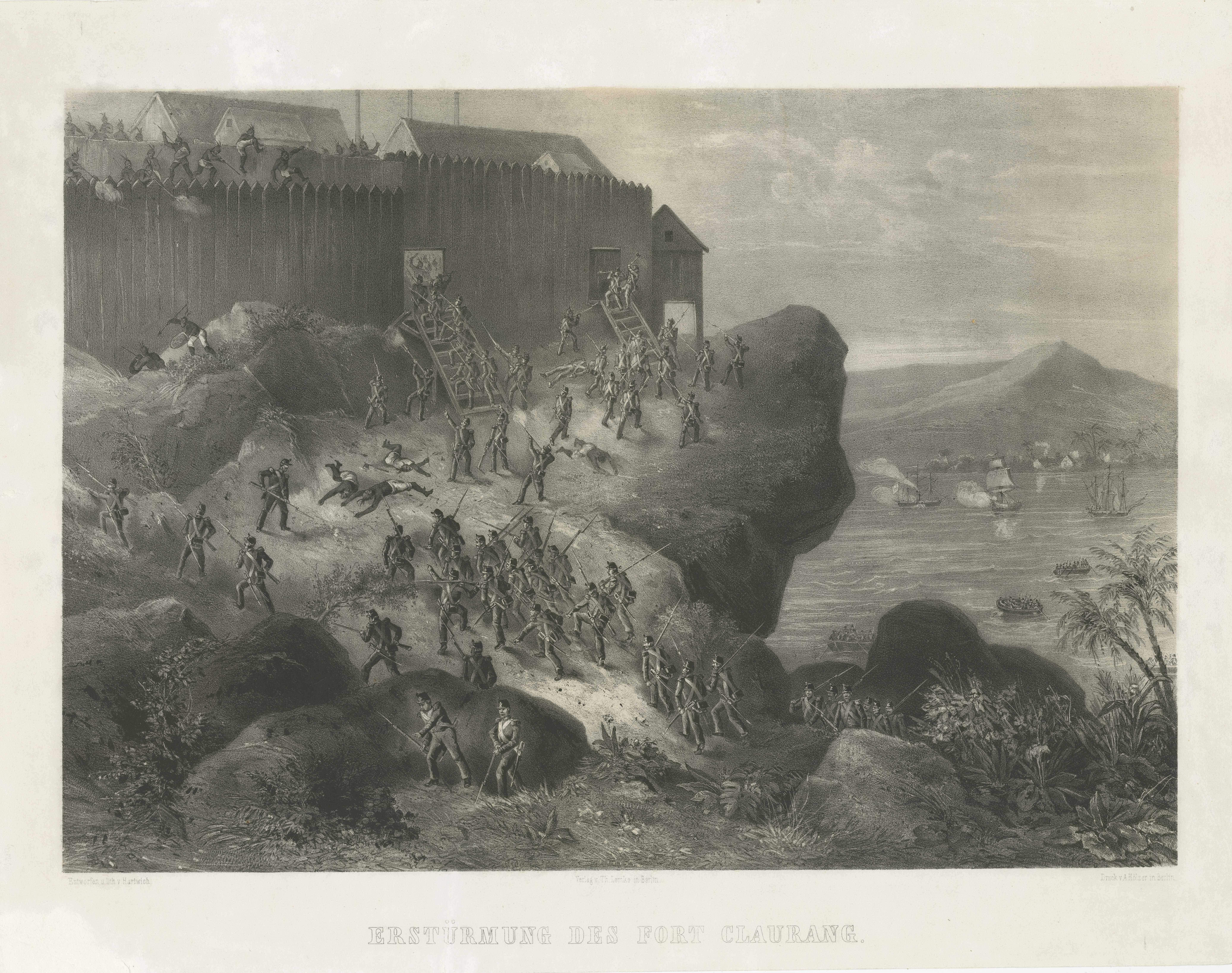 Incredible action view of a rare German lithograph showing a massive assault on Fort Claurang in Borneo. 

Published by Hartwich, A. Hölzer and TH. Lemke in Berlin around 1850.

Title in German: Erstürmung Des Fort Claurang.


