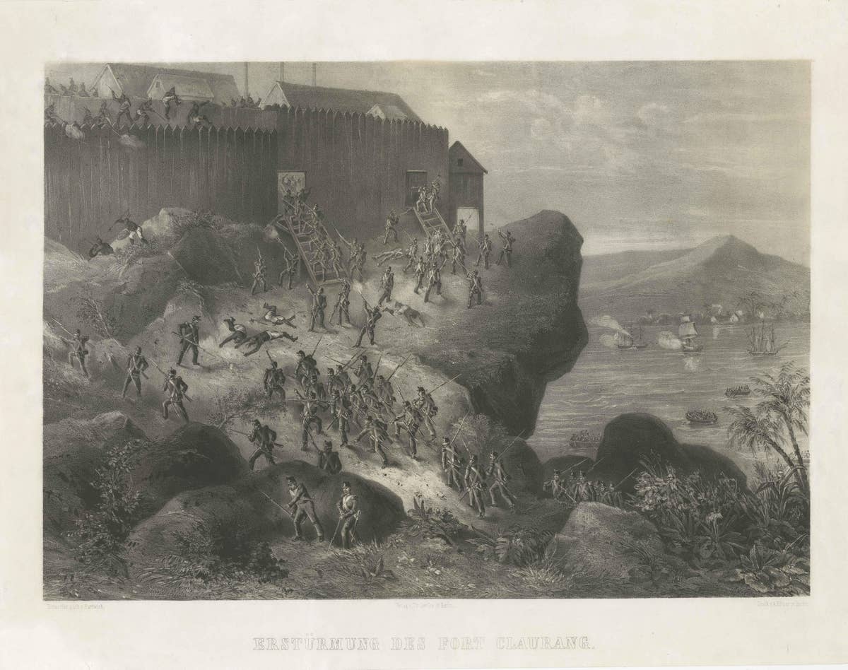 Rare Old Lithograph of the Assault of a Fort in Borneo, Indonesia, ca.1850