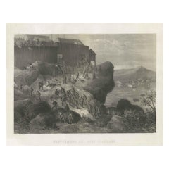 Rara litografia antica dell'assalto di un forte nel Borneo, Indonesia, 1850 ca.