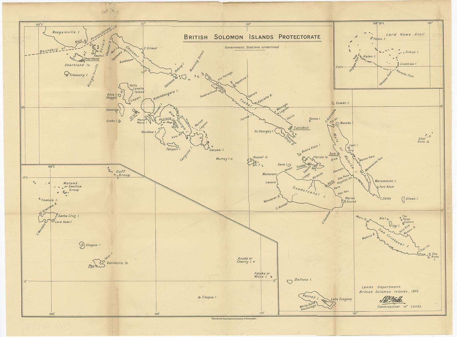Antique map titled 'British Solomon Islands Protectorate'. 

Old map of the British Solomon Islands Protectorate.

Artists and Engravers: Published by Waterlow & Sons, London & Dunstable.

Condition: Good, general age-related toning. Folding