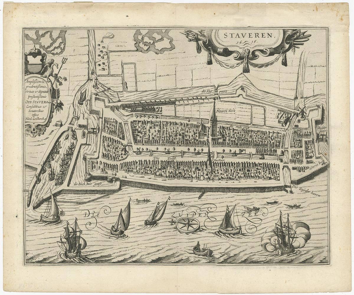 Rare Old Map of the City of Stavoren, Friesland, the Netherlands, 1616