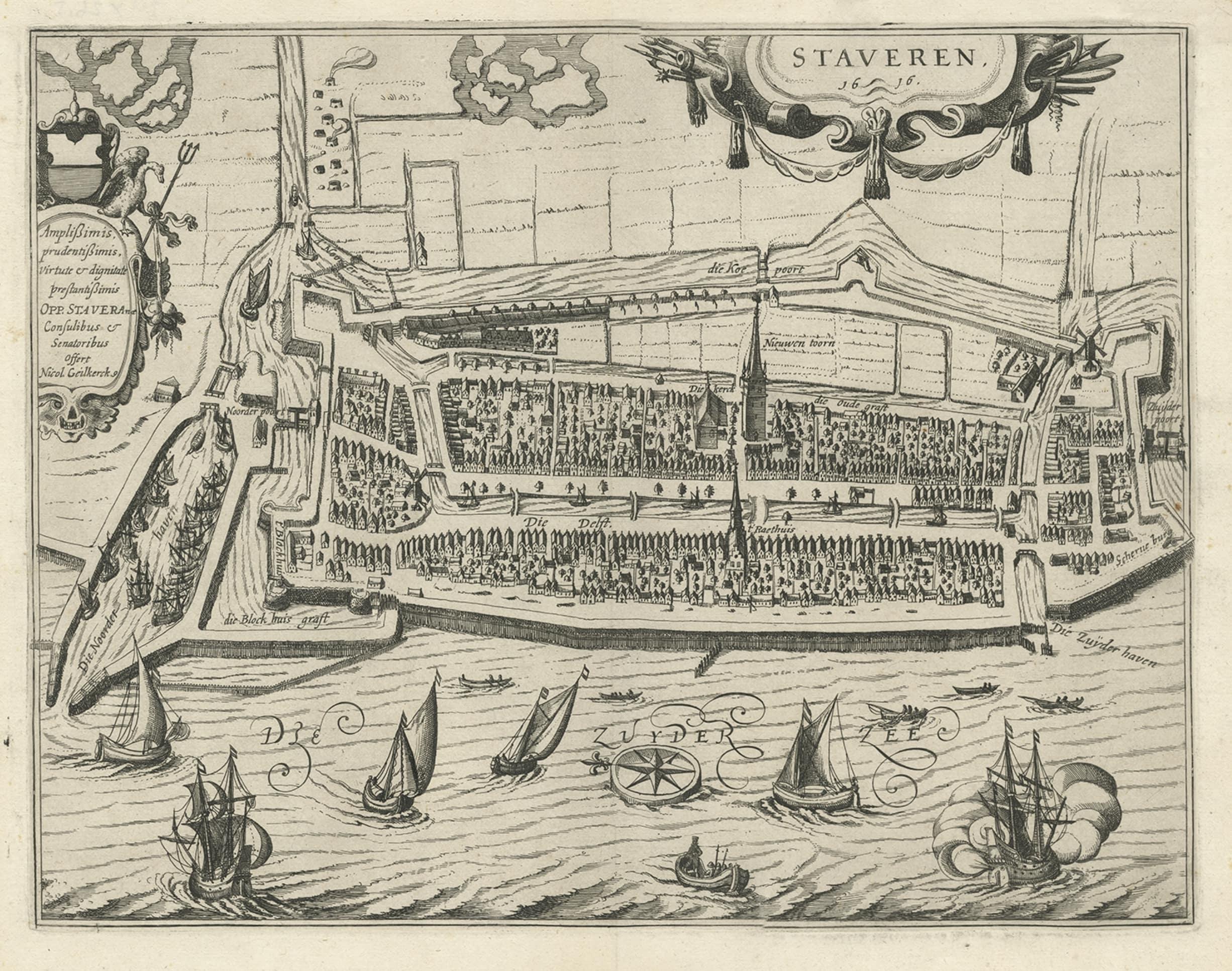 Rare Old Map of the City of Stavoren, Friesland, the Netherlands, 1616 In Good Condition For Sale In Langweer, NL