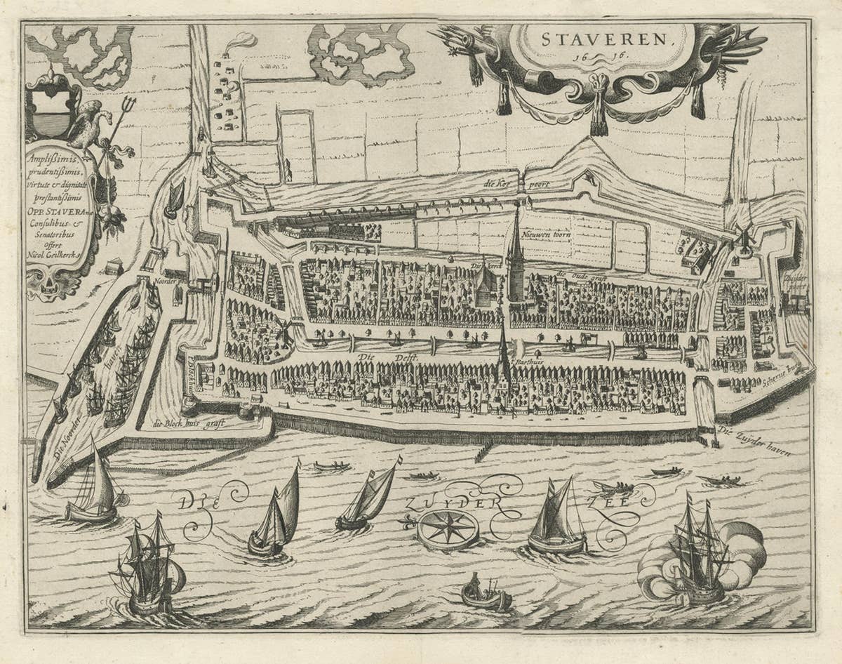Rare Old Map of the City of Stavoren, Friesland, the Netherlands, 1616