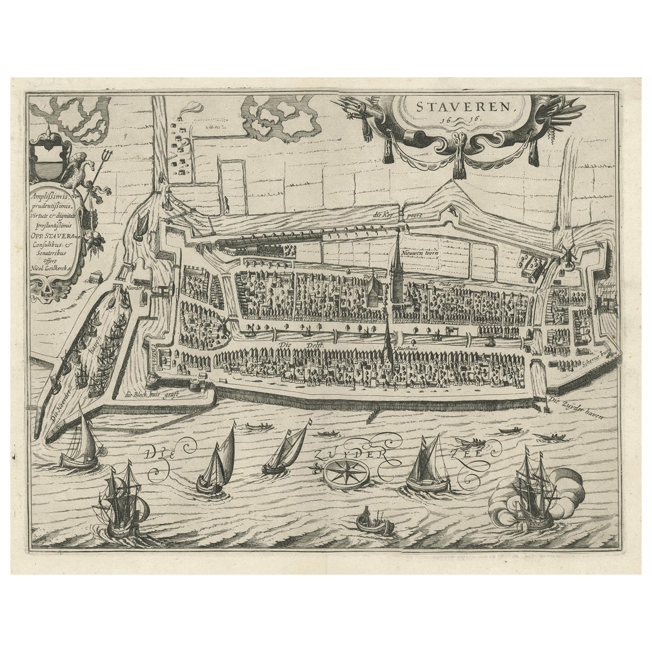 Rare carte ancienne de la ville de Stavoren, Friesland, Pays-Bas, 1616