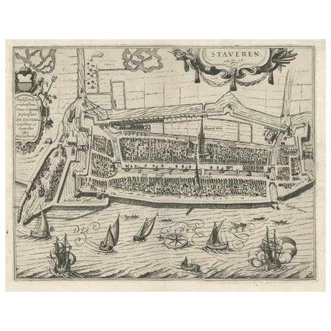 Rare Old Map of the City of Stavoren, Friesland, the Netherlands, 1616