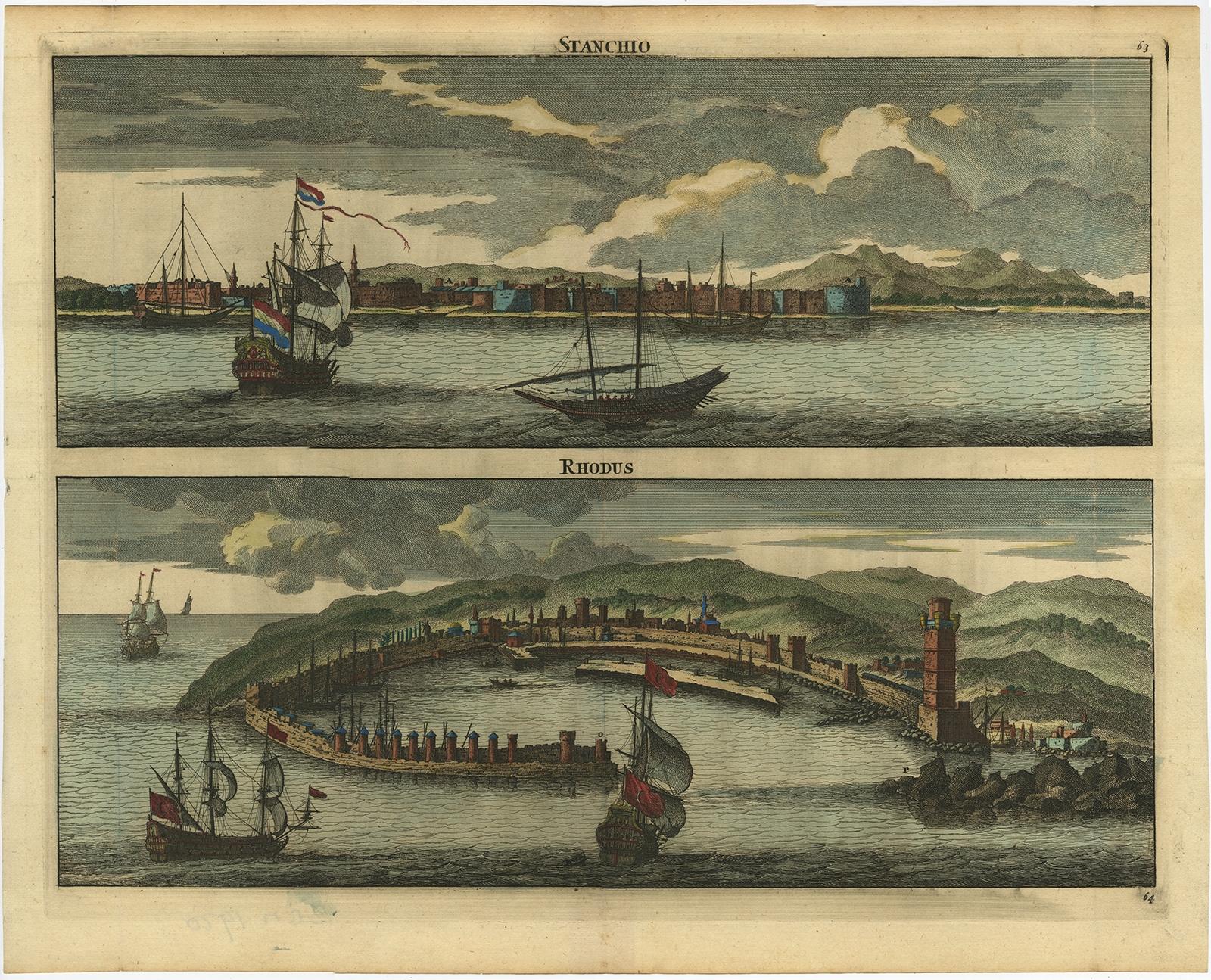 Antique print titled Stanchio Rhodus. 

Original antique print showing panoramic views of Stanchio, Greece and the Island of Rhodes, both with ships. 

 First edition in French, first published in Dutch in 1698 (Reizen door de vermaardste Deelen