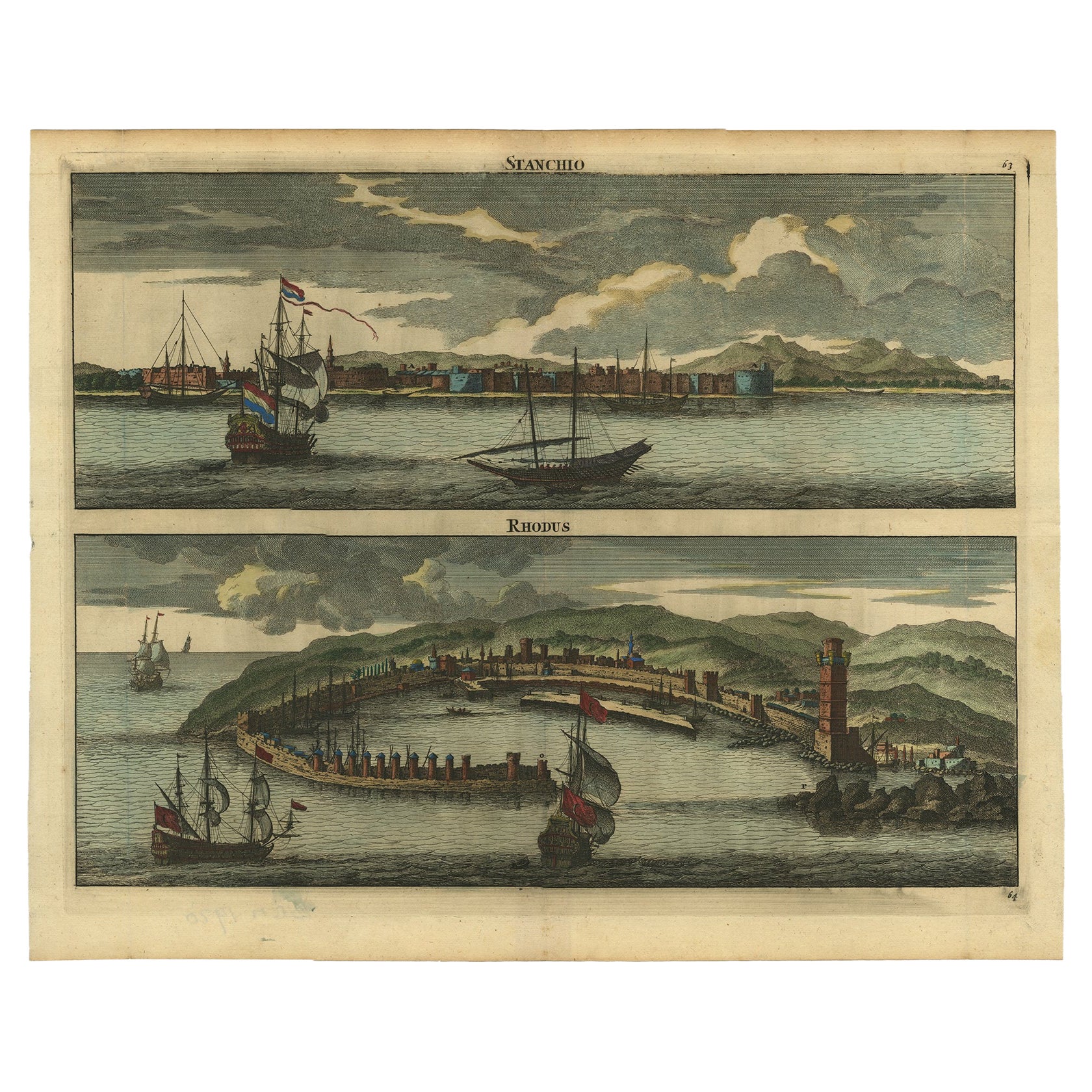 Rare e antiche vedute panoramiche di Stanchio, Grecia e dell'isola di Rodi, 1698